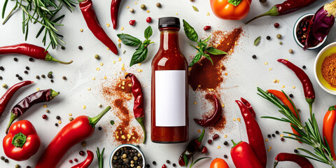 A sleek bottle of hot sauce surrounded by scattered chili peppers and spices on a white surface for a clean look