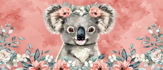  a painting of a koala with flowers on it's head and a background of pink and white flowers.