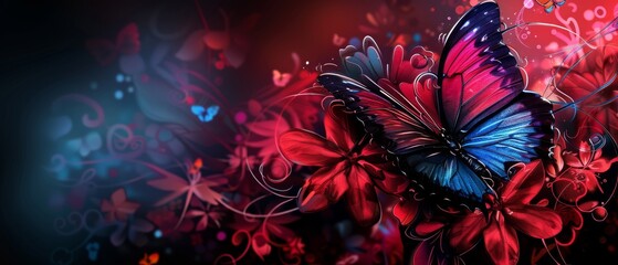 a blue and red butterfly sitting on top of a bunch of red and pink flowers on a black and red background.