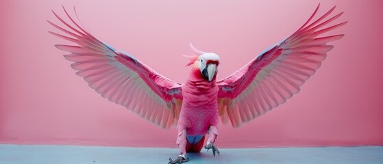  a pink and blue bird with its wings spread out in front of a pink background with a light pink background.