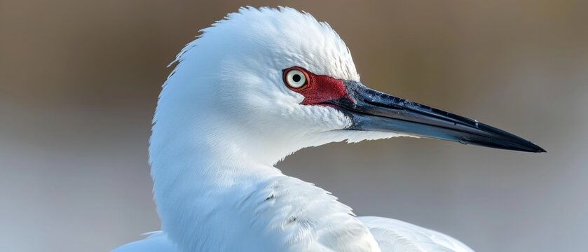 a close up of a white bird with a red beak and a black and white stripe on it's head.