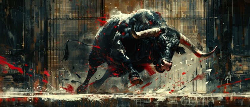  a digital painting of a bull in the middle of a street with red paint splatters all over it.