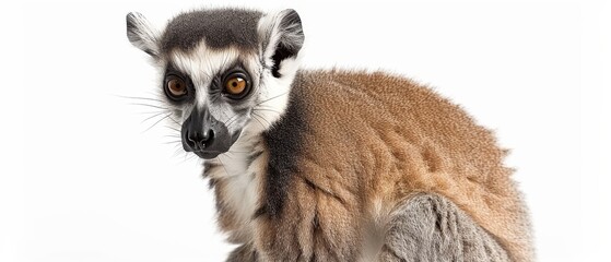  a close - up of a ring tailed lemur looking at the camera with a curious look on its face.