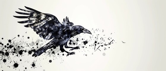  a black and white drawing of a bird on a white background with splatters of black paint on it.