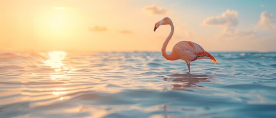  a pink flamingo standing in the middle of a body of water with the sun in the background and clouds in the sky.