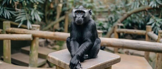  a black and white monkey sitting on top of a wooden bench in front of a forest of green plants and trees.