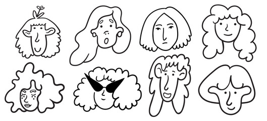 Obraz premium set of girls portrait in doodle style in vector. line art for avatar design sticker coloring postcard poster print