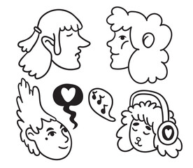 set of girls portrait in doodle style in vector. line art for avatar design sticker coloring postcard poster print