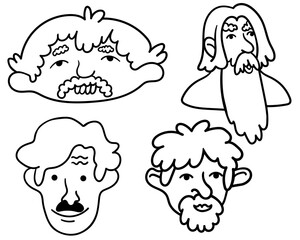 set of mens characters portrait in doodle style in vector. line art for avatar design sticker coloring postcard poster print