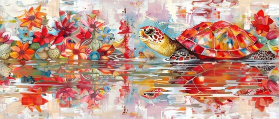  a painting of a turtle swimming in a body of water with flowers on the side of the body of water.