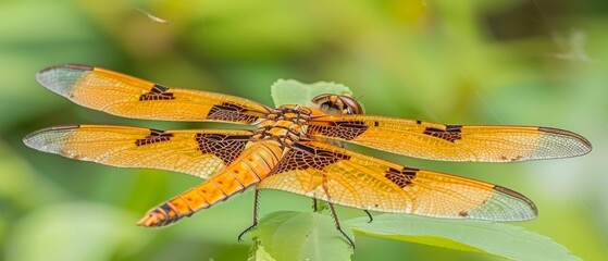  a close up of a yellow dragonfly on a green leaf with a blurry backround in the background.