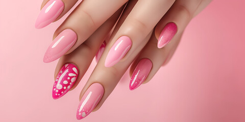 Pink manicure hands on background