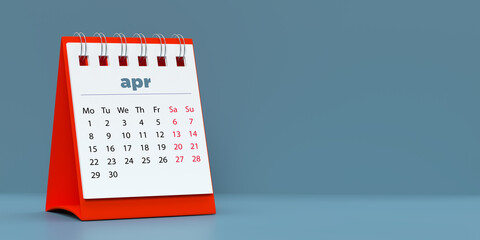 2024 April spiral monthly desk calendar. 3D rendered horizontal page on blue background with copy space. Set of 12 month layouts. Week starts with Monday. Weekends marked in red.