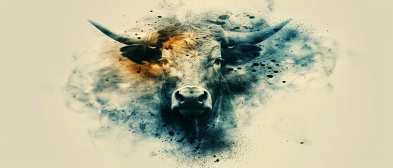  a close up of a bull's head with a lot of smoke coming out of the bull's face.