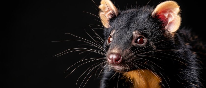  a close up of a rat on a black background with a blurry image of the rat's face.