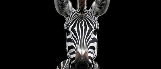  a close up of a zebra's head on a black background with a white and black stripe on it.