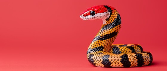  a close up of a snake statue on a pink background with a red background and a black and yellow striped snake.