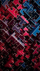 A captivating and abstract digital artwork featuring a vibrant, chaotic scene with a dynamic background composed of sharp, blocky shapes in deep hues of red, blue, and black. Generative Ai