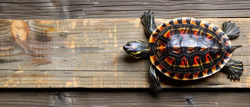  a painted turtle sitting on top of a piece of wood on the side of a wooden plank with a painting of a woman's face on it.