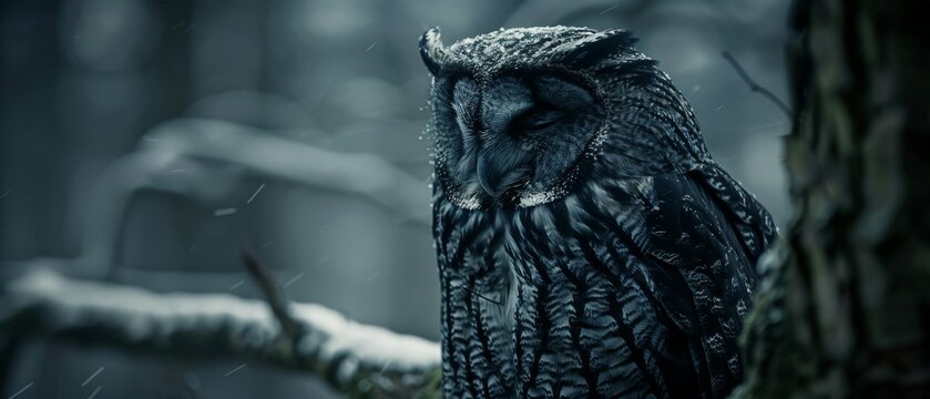  a black and white photo of an owl perched on a tree branch in a snowy forest with snow falling on the branches.