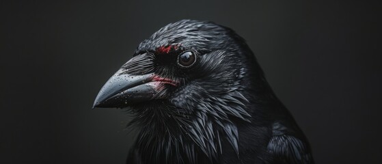 Fototapeta premium a close up of a black bird with a red spot on it's face and a black background behind it.