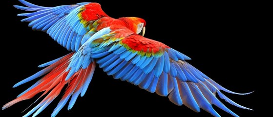  a colorful parrot flying through the air with it's wings spread wide and colorfully colored feathers on it's back.