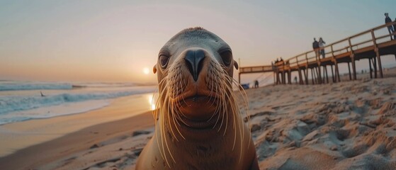  a close up of a seal on a beach near the ocean with people standing on a pier in the background. - obrazy, fototapety, plakaty
