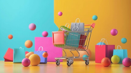 A shopping cart with shopping bags.