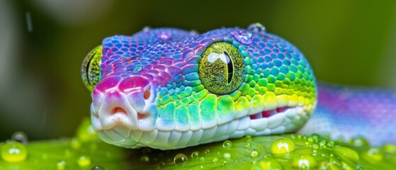  a close up of a colorful snake with drops of water on it's face and a green leaf in the foreground.