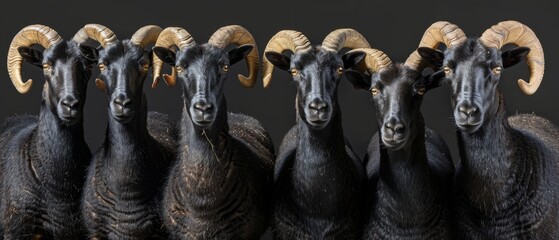  a group of rams standing next to each other in front of a black background with the rams looking at the camera. - obrazy, fototapety, plakaty