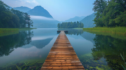 Peaceful lakeside scene with a wooden dock