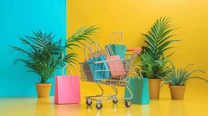 Obraz premium A shopping cart with shopping bags. 