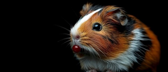  a close up of a brown and white hamster with a red nose sticking out of it's mouth.