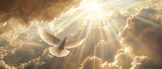  a white dove flying through a cloudy sky with the sun shining through it's clouds and the sun's rays coming through the clouds.