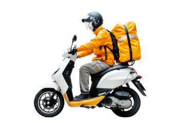 Side view, Courier in uniform riding a white scooter with fast delivery isolated on a transparent background. Restaurant food and postal package delivery services