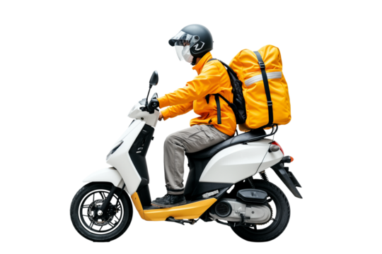 Side view, Courier in uniform riding a white scooter with fast delivery isolated on a transparent background. Restaurant food and postal package delivery services