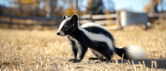  a small black and white striped animal standing in a field of dry grass with a fence in the back ground.