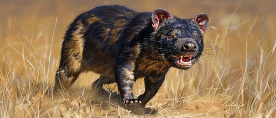  a painting of a brown and black animal in a field of dry grass with it's mouth open and it's teeth wide open.