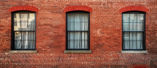 Fototapeta premium A red brick building featuring three windows on each side, creating a symmetrical look. The windows are evenly spaced and add character to the otherwise uniform brick facade.