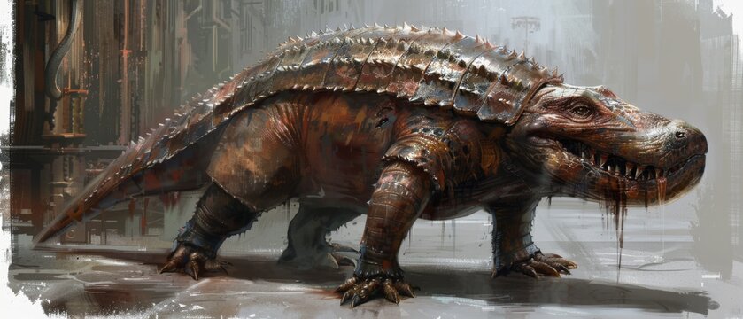  a digital painting of a dinosaur in a dirty area with a building in the background and dripping paint all over it's body.