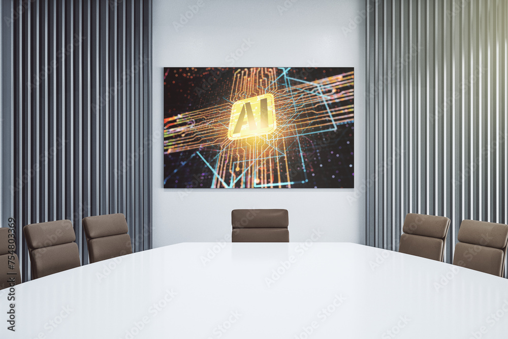 Fototapete creative artificial intelligence icon on presentation tv screen in a modern meeting room. neural net