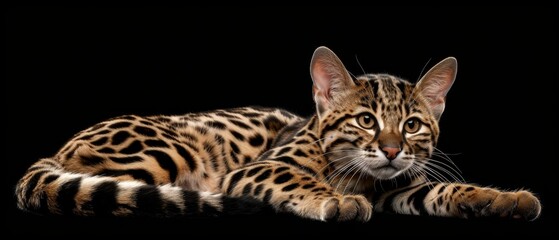  a close up of a cat laying down on a black background with a black background and a black background behind it.