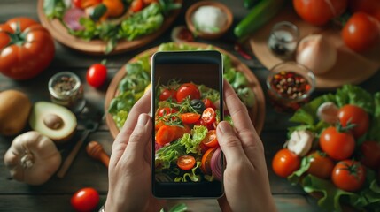 A woman holding a smartphone and fresh vegetables on screen.  - obrazy, fototapety, plakaty