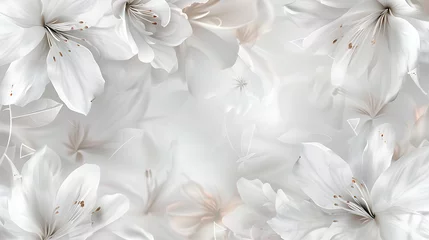 Muurstickers White sakura flowers and petals on white background. Floral background © Anastasiia