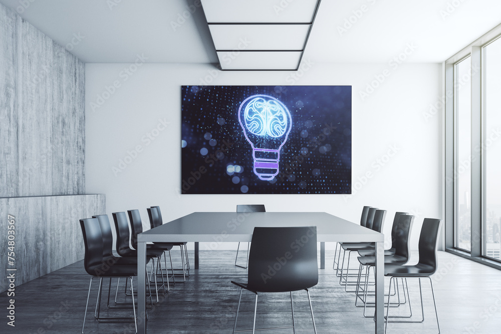 Leinwandbilder creative light bulb with human brain hologram on presentation monitor in a modern boardroom, artific
