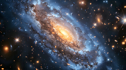 A galaxy with swirling orange and white spiral arms and a bright center. The background is black,...