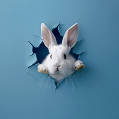 white rabbit in a blue paper wall background