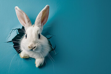 white rabbit on deep blue wall hole background