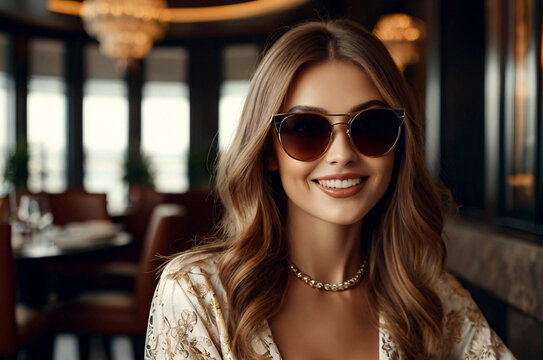 Portrait stylish caucasian smiling woman in sunglasses posing at luxury restaurant, looking at camera. Fashionable lady in black dress in cafe, inside. Leisure relax lifestyle concept. Copy text space