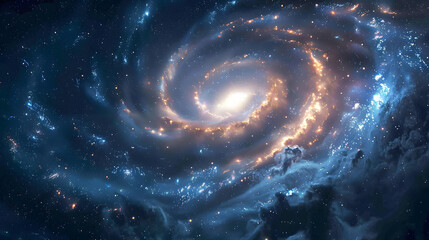 A galaxy with swirling orange and white spiral arms and a bright center. The background is black,...